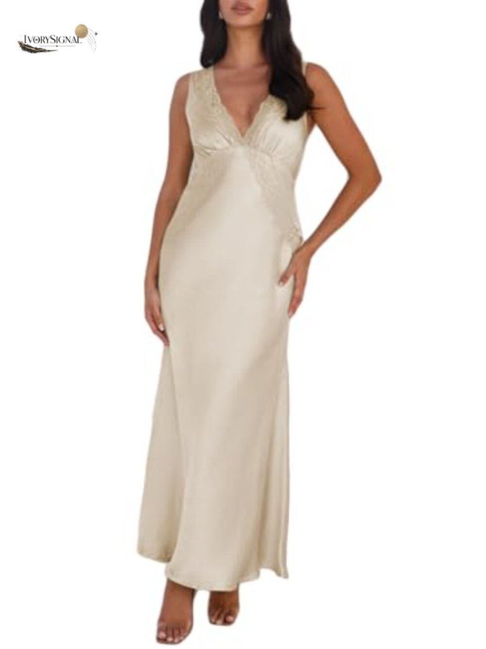 Satin Lace V Neck Backless Formal Maxi Dress Sheer Elegance